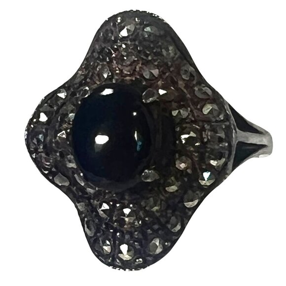Vtg Black Onyx Marcasite Statement Ring 925 Thailand Silver Size 6.75 Wavy .75" - Picture 1 of 13